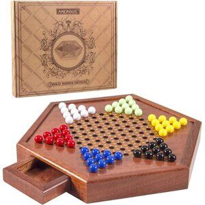 Wooden Chinese Checkers Set with Storage Drawer - 60 Acrylic Marbles in 6 Colors
